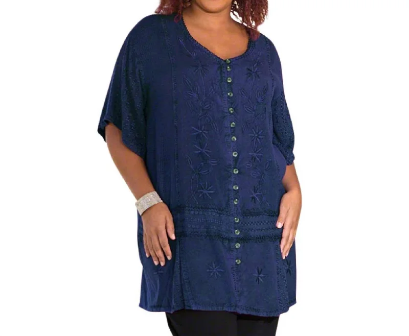 Short Sleeve Button Up Tonya Blouse - Plus In Indigo Mega Sale