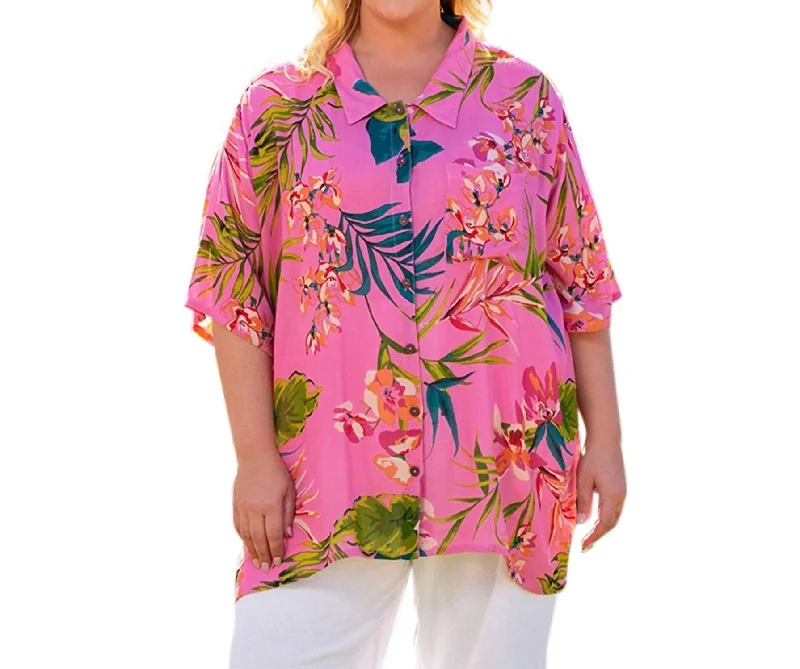 Short Sleeve Ibiza Shirt - Plus In Pink Palms Clearance Event