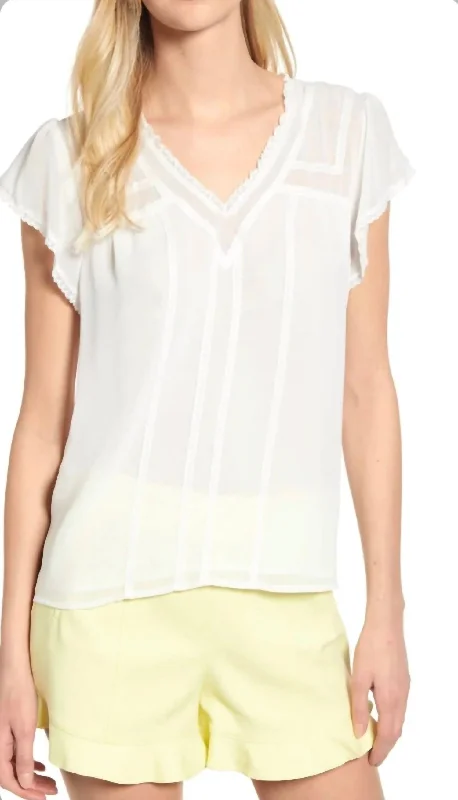 Short Sleeve V-Neck Blouse W/ Lace Trim Blouse In Ecru Chic And Trendy