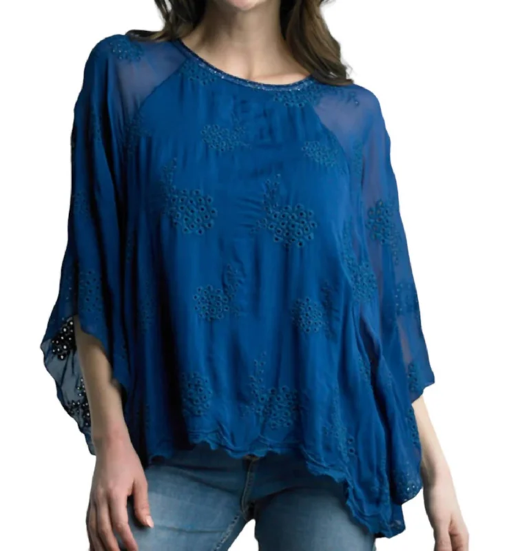 Silk Embroidered Top In Royal Blue Elegant Style