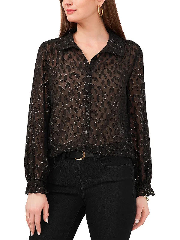 Sleigh All Day Womens Chiffon Metallic Button-Down Top Exclusive Deals Online