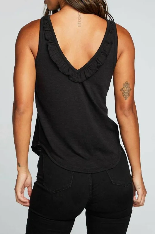 Slub Jersey Deep Ruffle V Back Tank In True Black Massive Savings