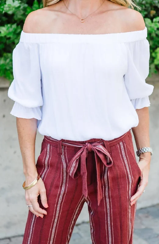 Soak Up The Sun Peasant Top In White Art Deco Geometric Pattern Look