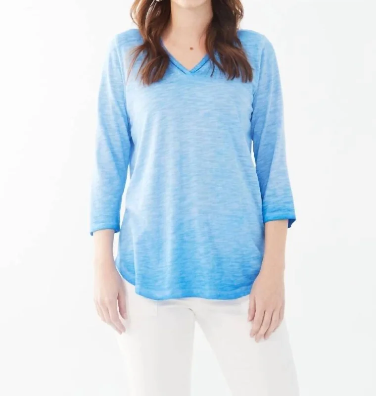 Split Neck Cotton Slub Tee In Lagoon Blue Huge Savings On Parisian Styles