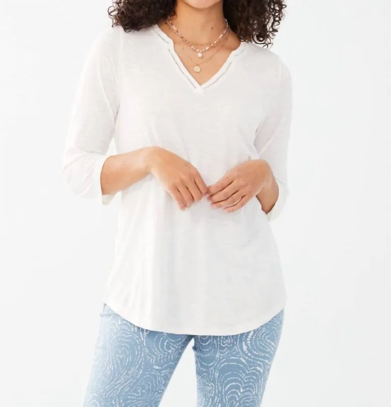 Split Neck Cotton Slub Tee In White Mid - Week Surprise