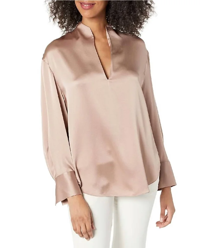 Split Neck Long Sleeve Top In Light Lotus Shell Big Savings On Minimalist Office Styles