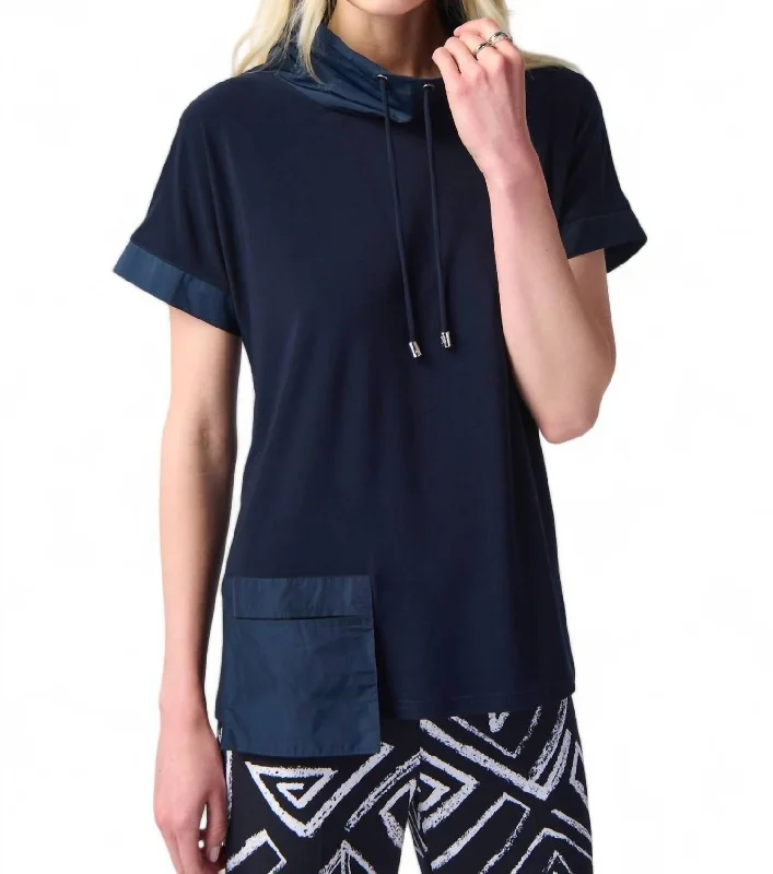 Stand Collar Two Tone Top In Midnight Blue Effortless Comfort