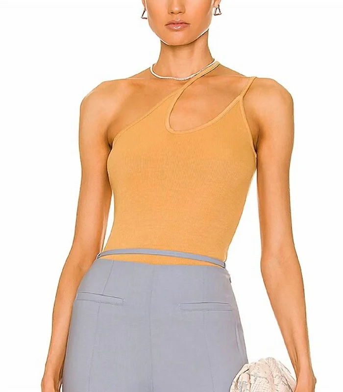 Stretch Silk Knit Asymmetrical Tank In Honey Elegant Style