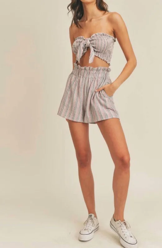 Stripe Mocking Ribbon Tube Top And Short Set In Multi Budget Friendly Fashion