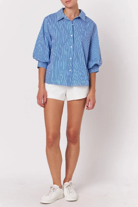 Striped Puff Sleeve Button Down Top In Blue All Season Basics Discount