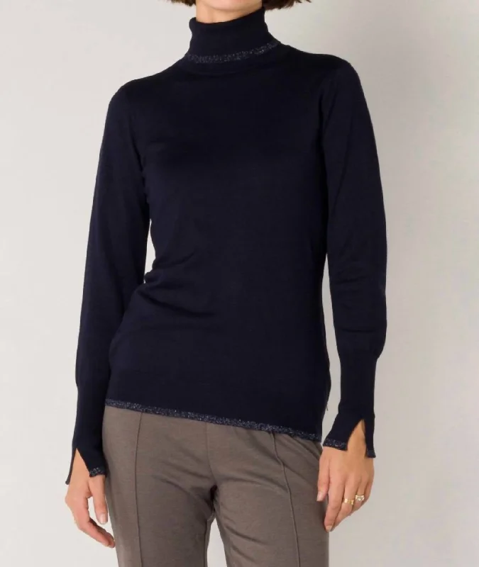 Suzette Metallic Turtle Neck Tee In Dark Navy Find Your Unique Flair