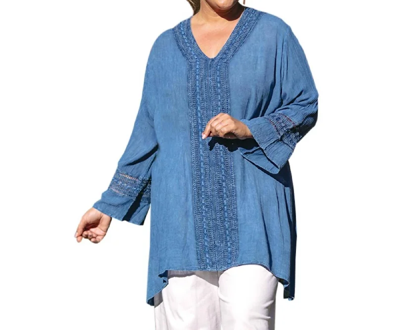 Tatum Crochet Cotton Wide Sleeve V-Neck Tunic - Plus In Indigo Fashion Forward