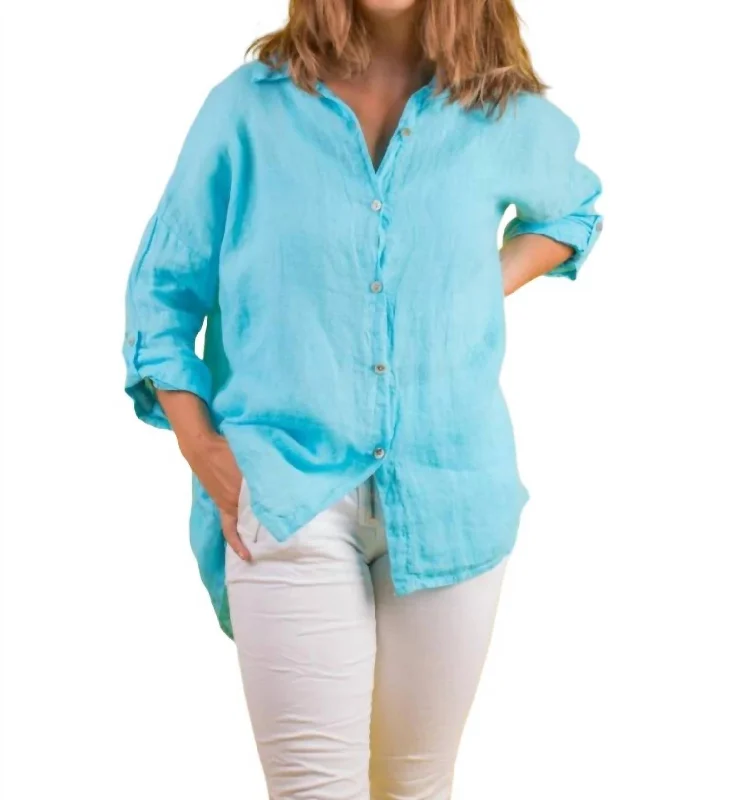 Terina Linen Button Down Shirt In Turquoise Top Brand Discounts