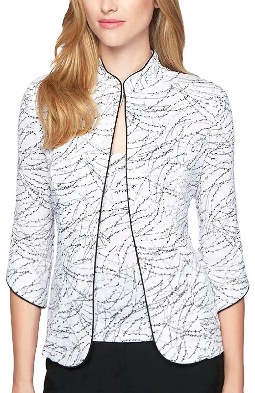 Textured Mandarin Collar Twinset In White-Black The Good Stuff