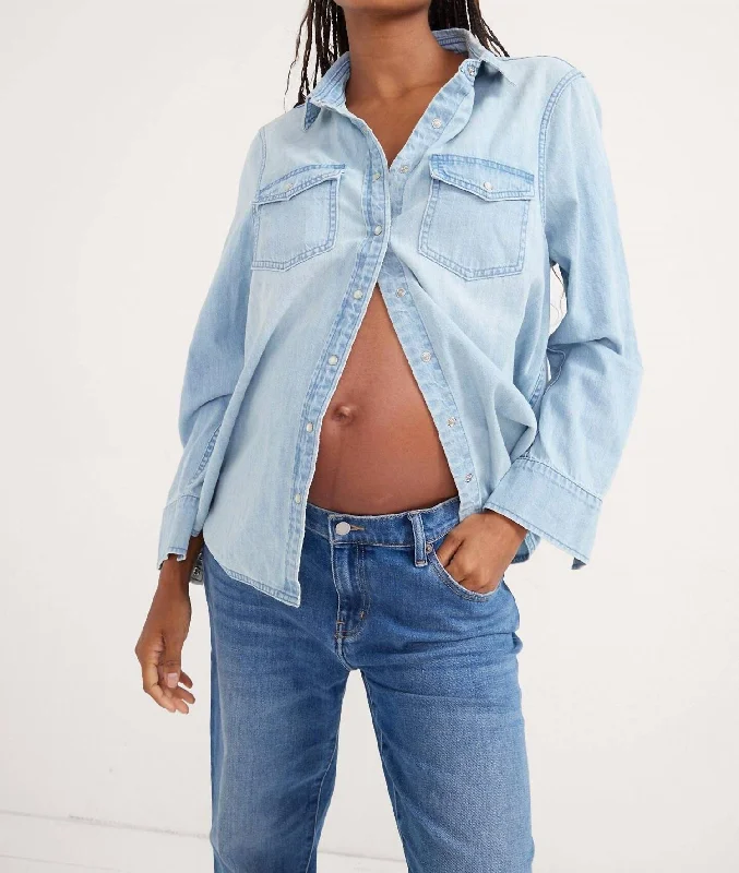 The Denim Maternity Shirt In Light Wash Evening Elegance