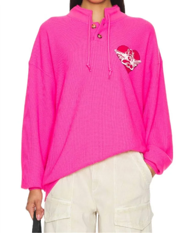 Thermal Henley Sweatshirt In Neon Pink Mid Season Sale