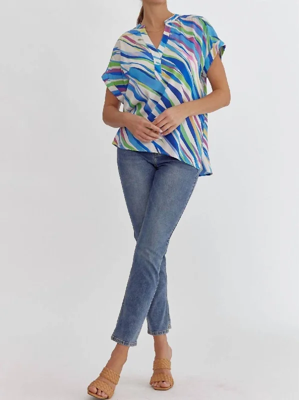 Tiger V-Neck Top In Blue Evening Elegance