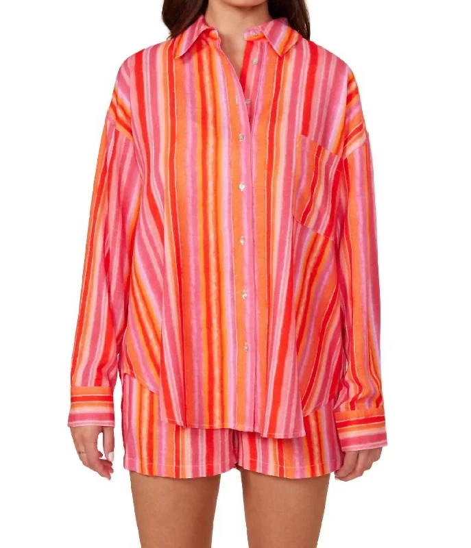 Toni Button Down In Pink/orange Stripe Comfort First Women's Fashion