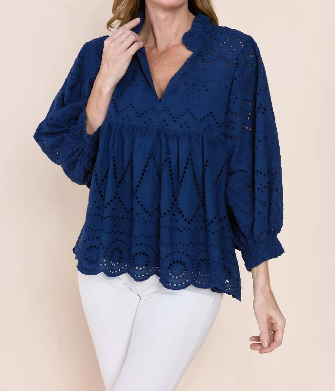 Tracy Cotton Eyelet Blouse In Navy Limited Edition