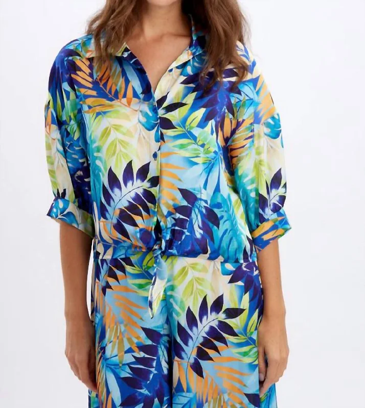 Tropical Print Button-Down Blouse In Royal/orange Get The Latest Trends