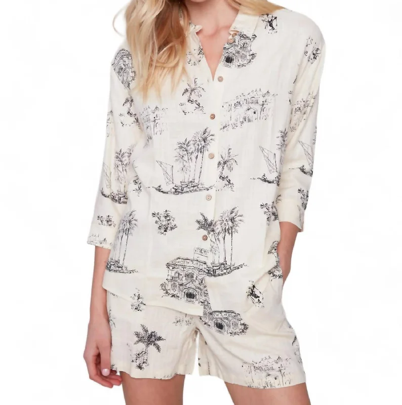 Tropical Print Elbow Sleeve Button Up Top In Black/cream Refined Simplicity