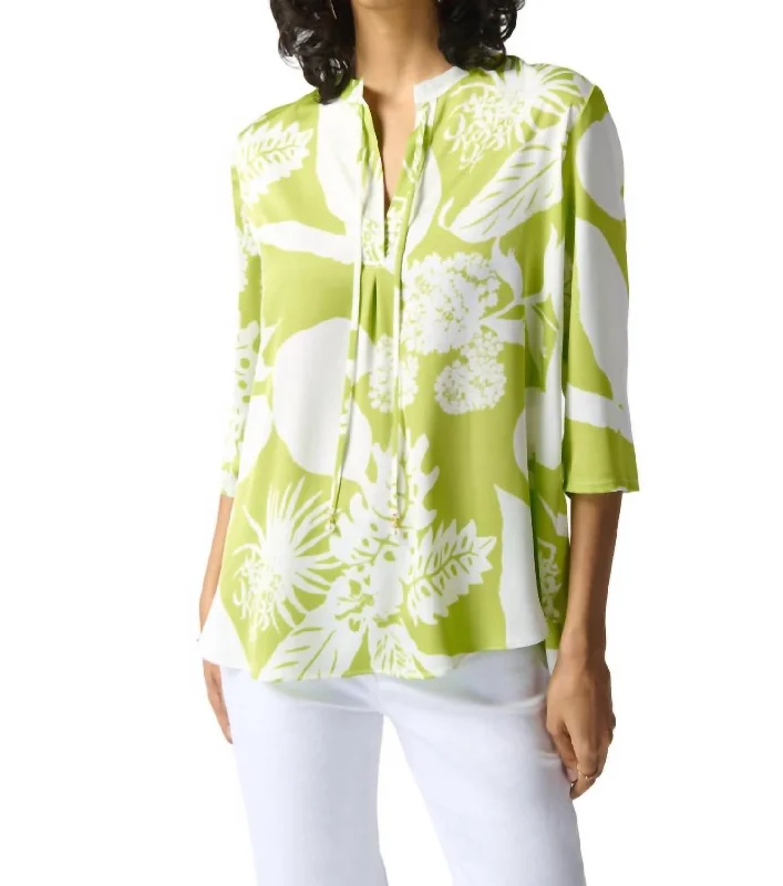 Tropical Print Henley Top In Key Lime/vanilla Cool Prices