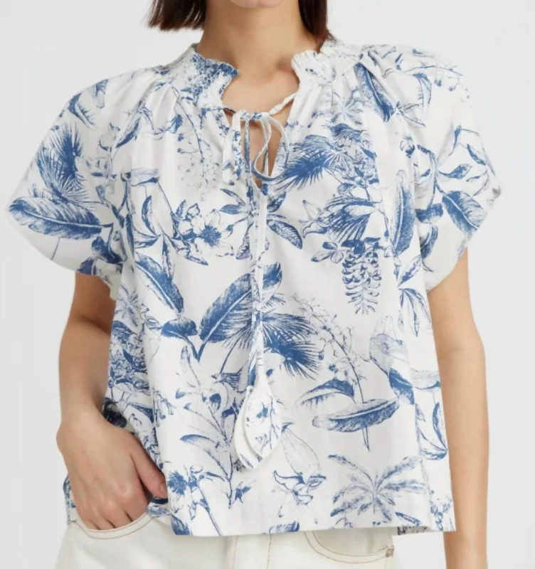 Tropical Toile Smocked Top In White Blue Casual Fashion