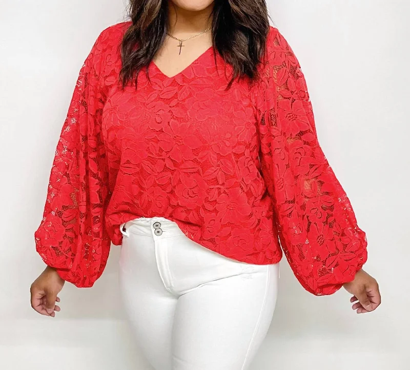 V-Neck Balloon Sleeves Corded Lace Top In Red Chic Outfits