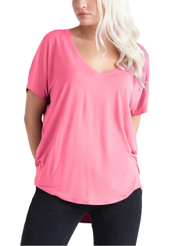 V Neck Knit Tee In Hot Pink Mega Sales