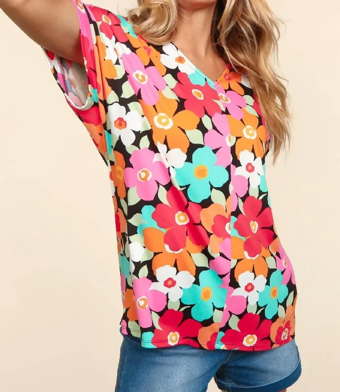 V Neck Loose Fit Dolman Floral Print Knit Top In Multi Refined Simplicity