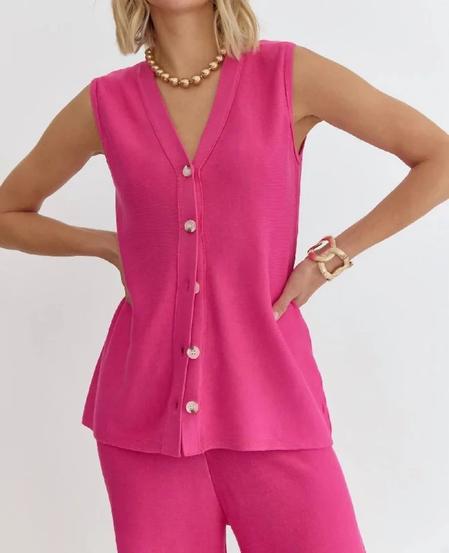 V-Neck Sleeveless Button Down Top In Hot Pink Wardrobe Update