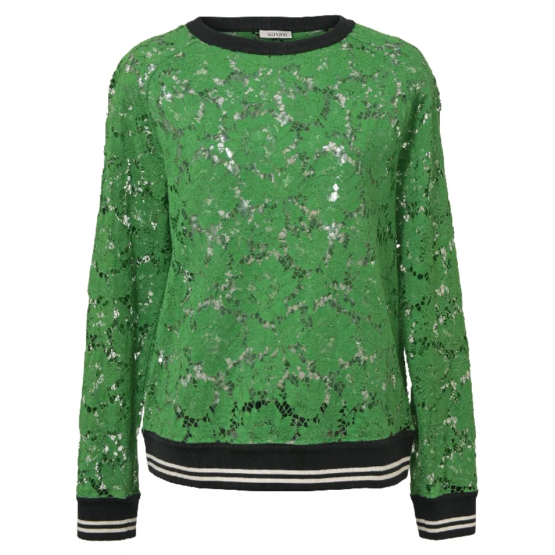 Valentino Lace Crew Neck Sweatshirt in Green Cotton Vintage Retro Party Wear