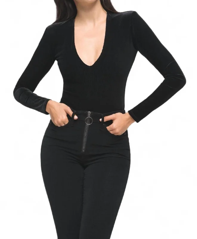 Velvet Long Sleeve Deep V Bodysuit In Black Summer Fashion