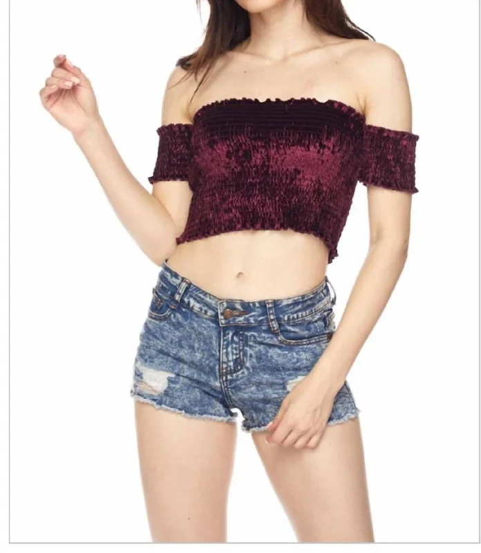 Velvet Off The Shoulder Crop Top In Burgundy Seasonal Trends