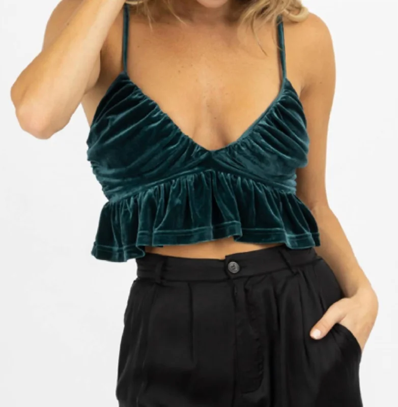 Velvet Ruffled Cropped Top In Dark Jade Vibrant Prints