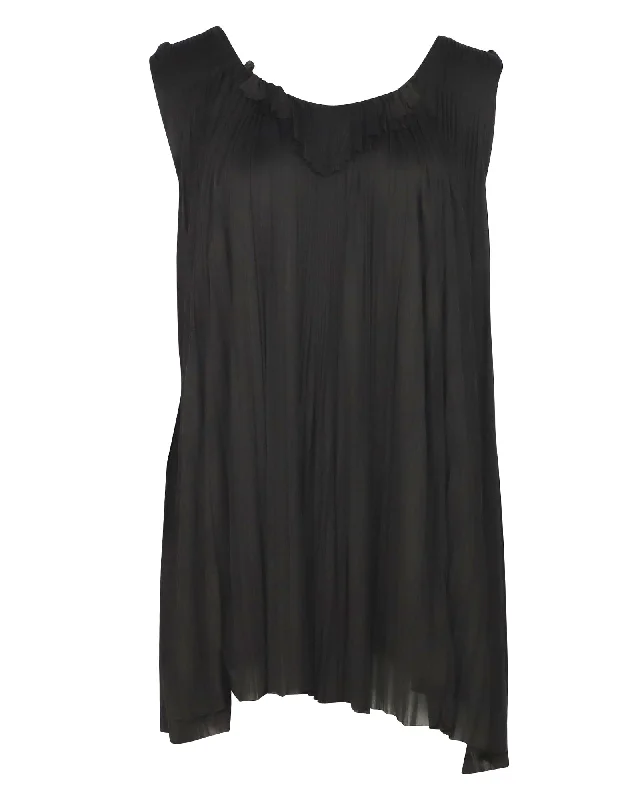 Vera Wang Sleeveless Micro-Pleated Top in Black Viscose Lightweight Fabric