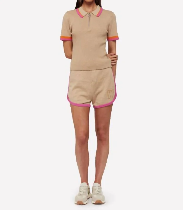 Verity Rib Zip Polo Shirt In Camel/dragon Fruit Wardrobe Essentials