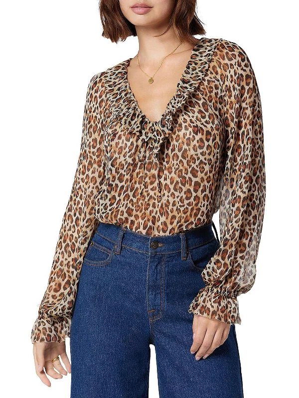 Vernon Womens Silk Leopard Print Blouse Romantic Detailing