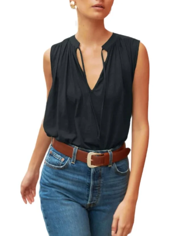 Via Tie Front Flowy Tank In Jet Black Vintage Inspired Fashion Sale