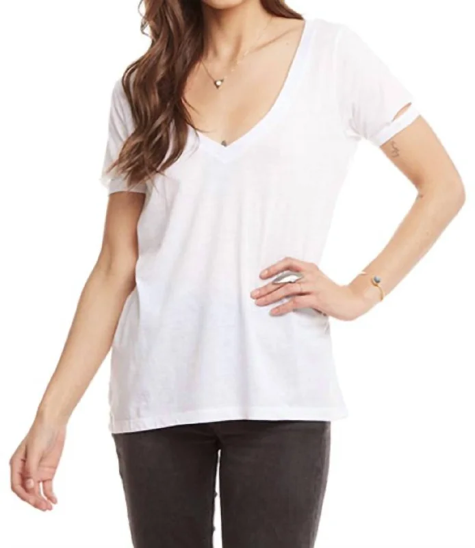 Vintage Jersey Vented Short Sleeve Deep V Neck Tee In White Stylish Savings