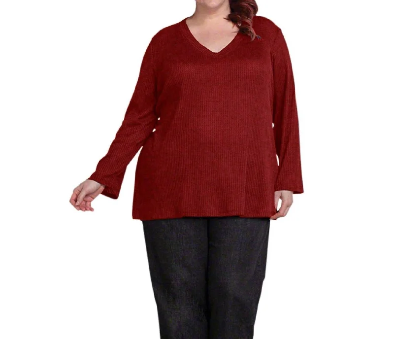 Waffle Knit Long Sleeve Top - Plus In Burgundy Stylish Basics