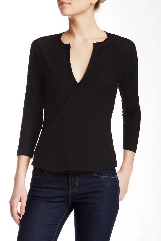 Women Split Neck Raglan Sleeve T-Shirt In Black Spring Wardrobe