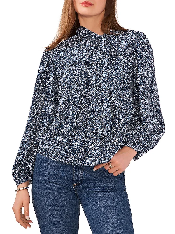 Womens Collar Snap Button Tie Neck Pullover Top Elegant Details