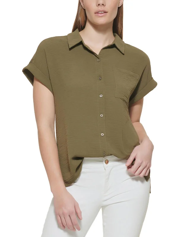 Womens Collared Solid Button-Down Top Flash Sales