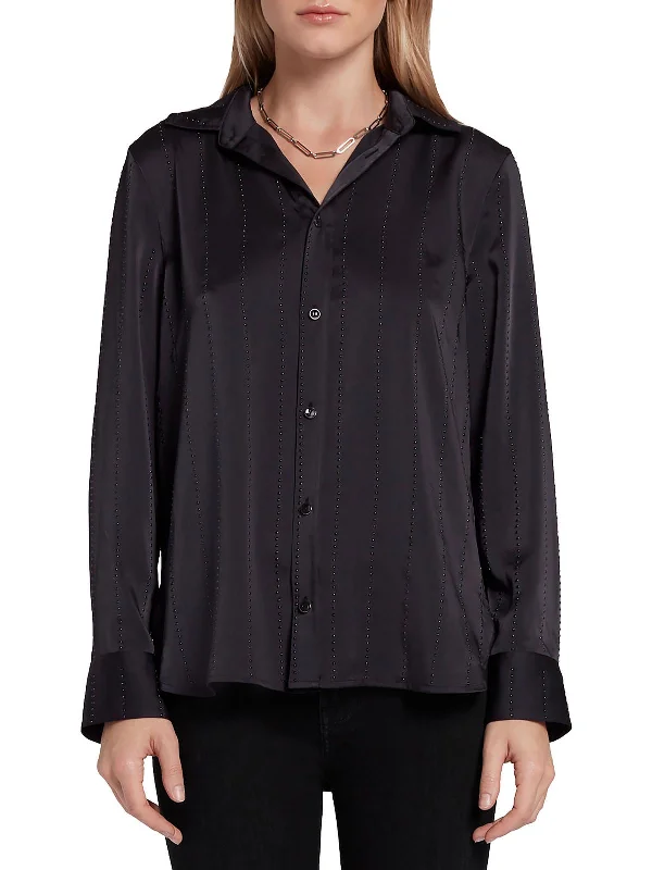 Womens Embellished Collared Button-Down Top Fashion Forward