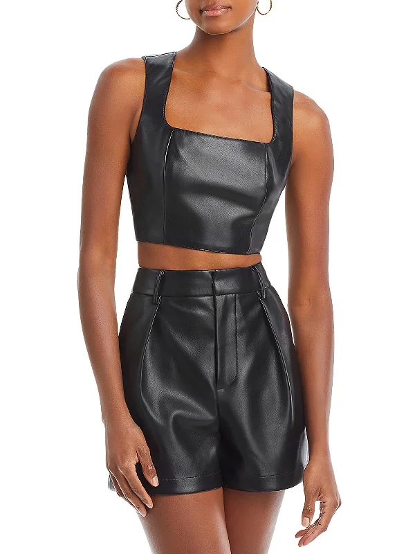 Womens Faux Leather Square Neck Cropped Hot Deals