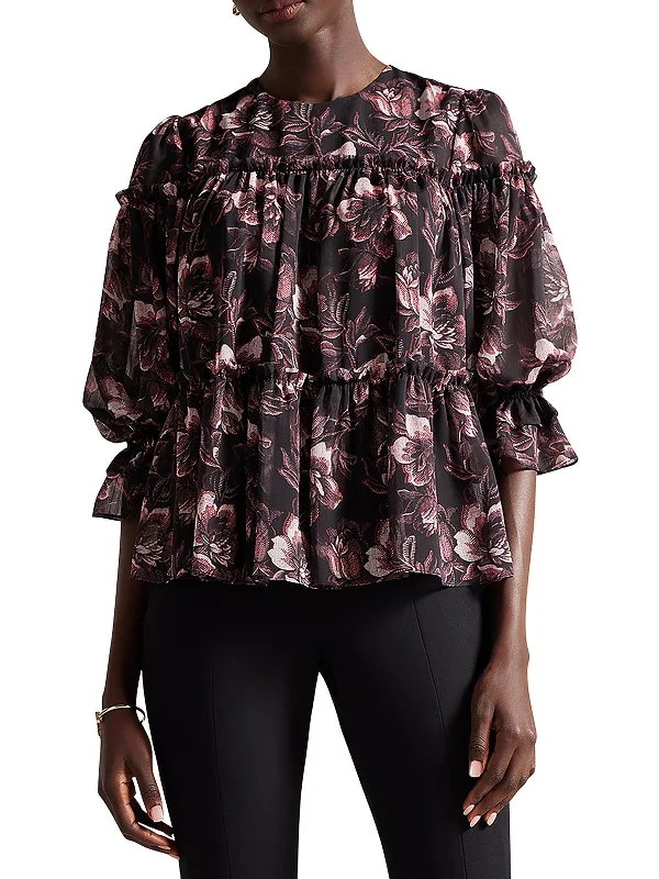 Womens Floral Print Puff Sleeve Blouse Signature Style Essentials