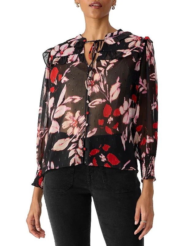 Womens Floral Print Tie Neck Button-Down Top Style Your Wardrobe