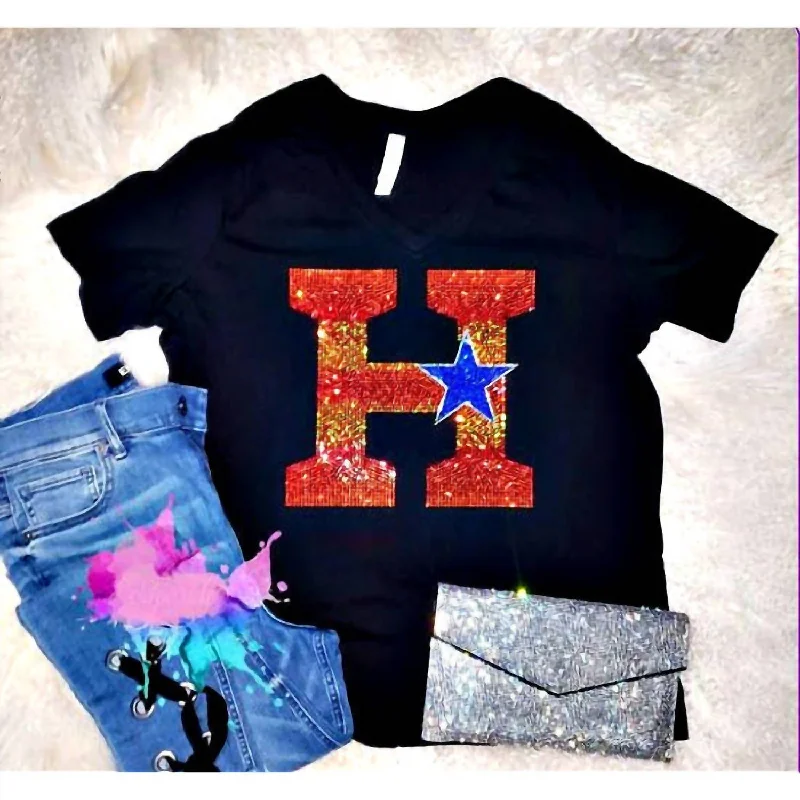 Women's Houston Astros Rhinestone V Neck Tee In Black Trendy Women's Wear Collection