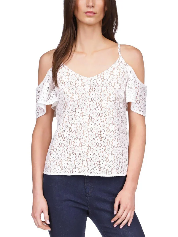 Womens Lace Overlay U-Neck Cold Shoulder Style Upgrade